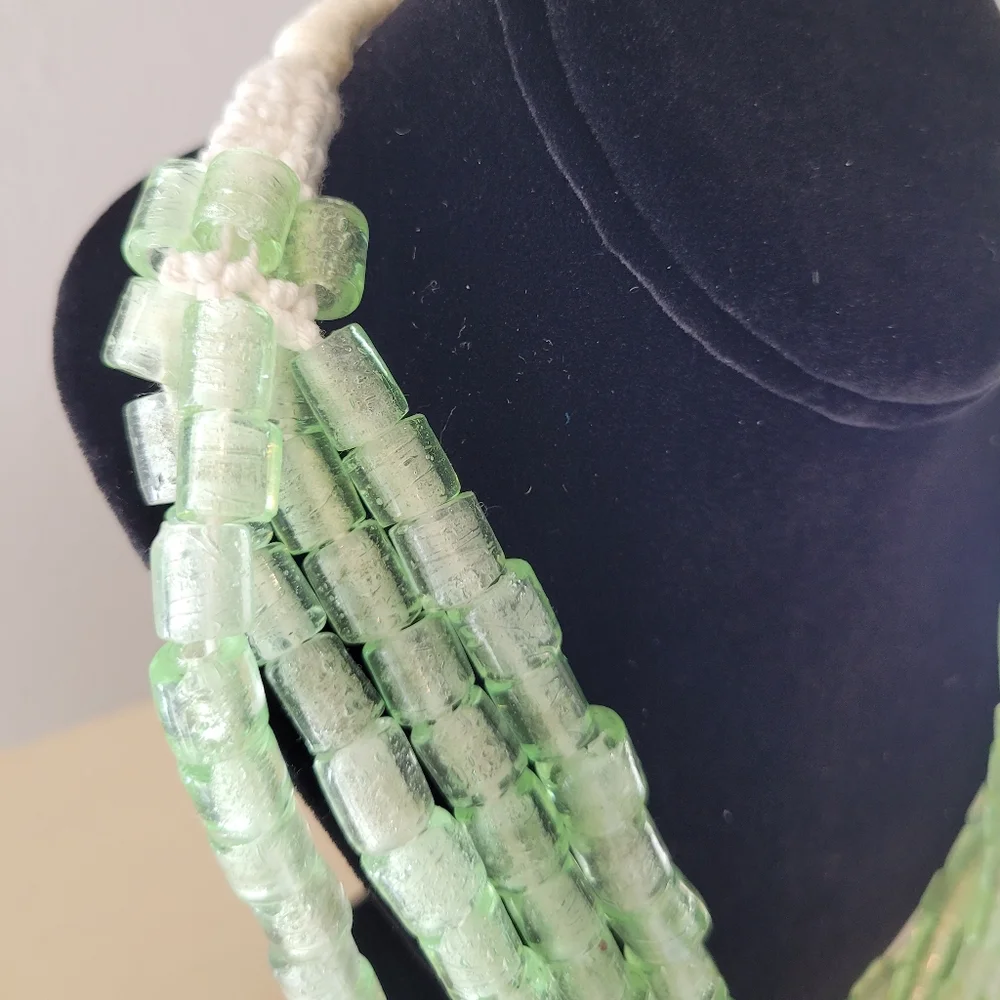 Artisan green glass bead multi strand necklace with cord and button